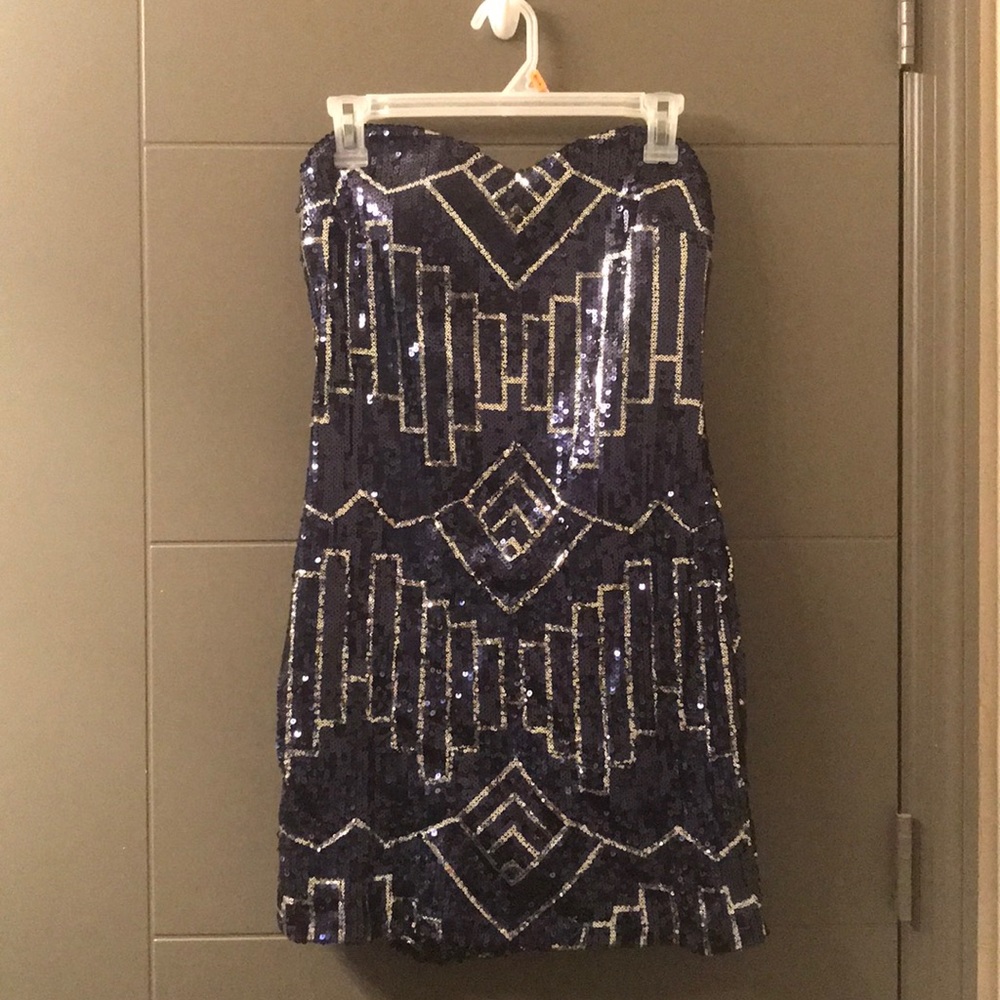 Navy and Silver Strapless Sequin Dress